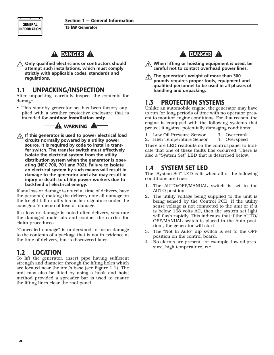 1 unpacking/inspection, 2 location, 3 protection systems | 4 system set led | Bryant ASPAX1BBA015 User Manual | Page 6 / 44