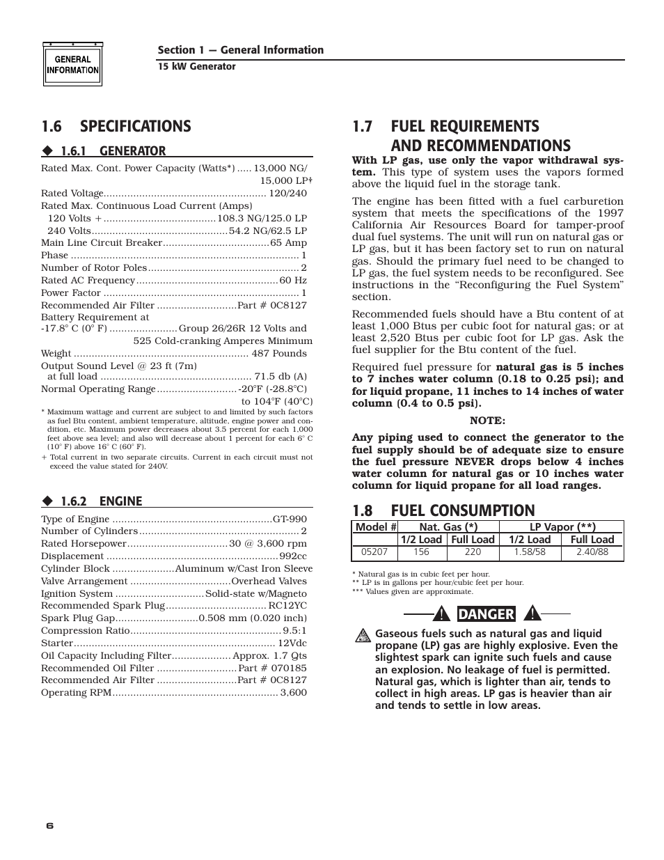6 specifications, 7 fuel requirements and recommendations, 8 fuel consumption | Danger | Bryant ASPAX1BBA015 User Manual | Page 8 / 44