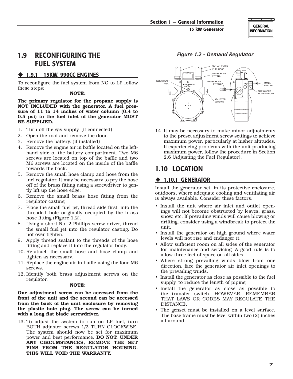 9 reconfiguring the fuel system, 10 location, 1 generator | Figure 1.2 - demand regulator | Bryant ASPAX1BBA015 User Manual | Page 9 / 44
