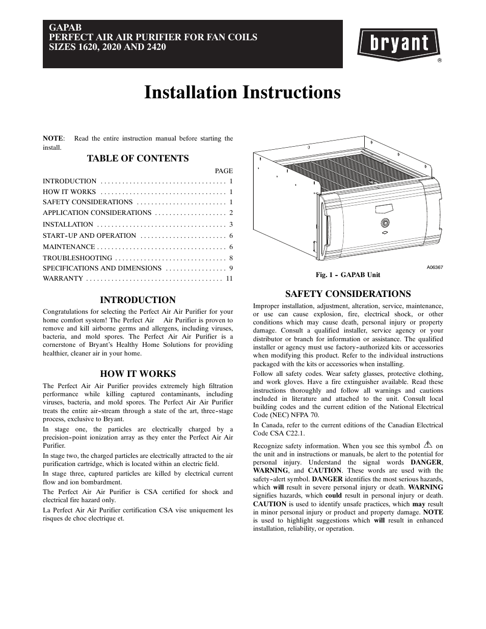Bryant GAPAB Perfect Air Air Purifier For Fan Coils 1620 User Manual | 12 pages