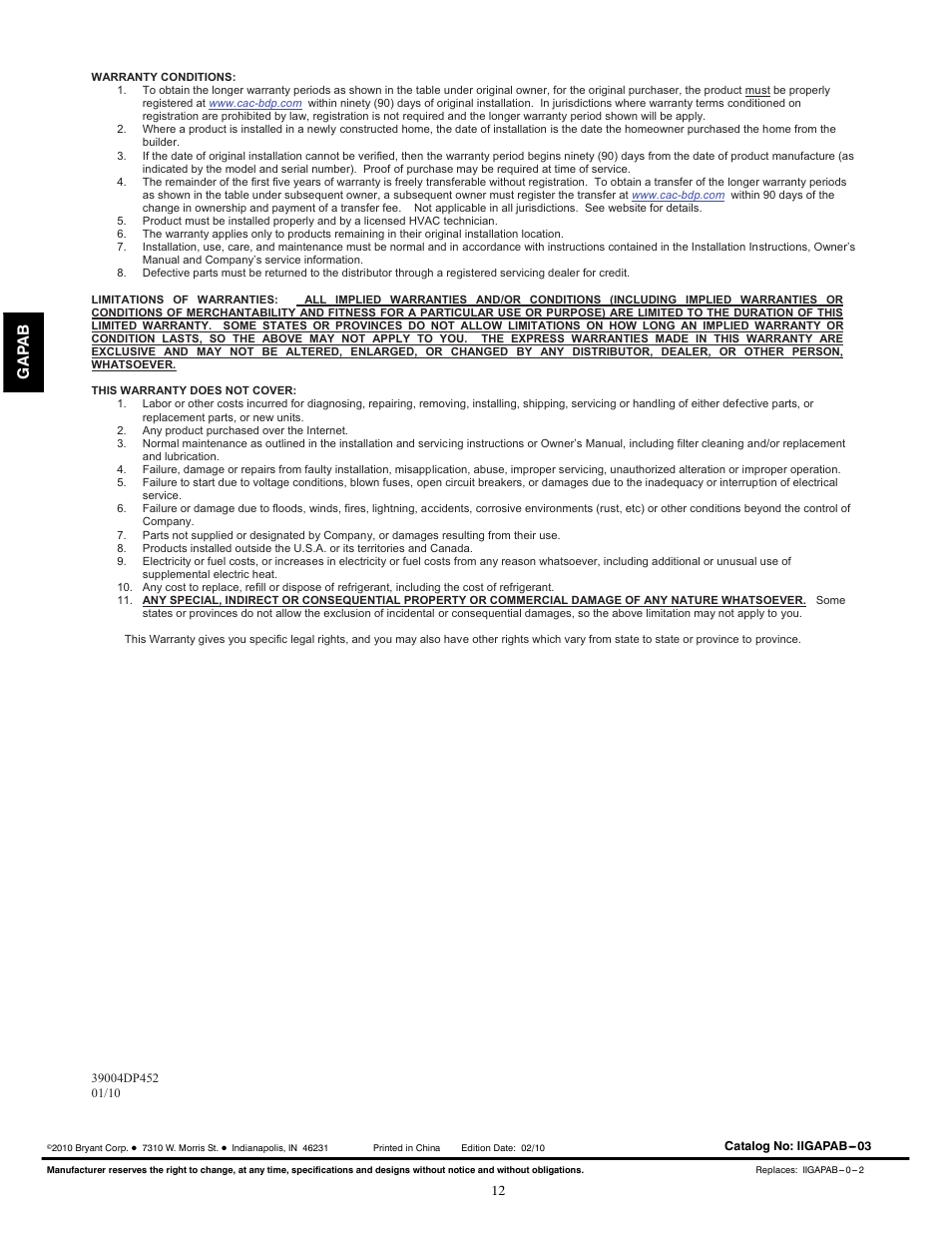 Bryant GAPAB Perfect Air Air Purifier For Fan Coils 1620 User Manual | Page 12 / 12