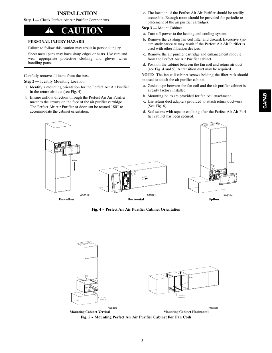 Caution, Installation | Bryant GAPAB Perfect Air Air Purifier For Fan Coils 1620 User Manual | Page 3 / 12