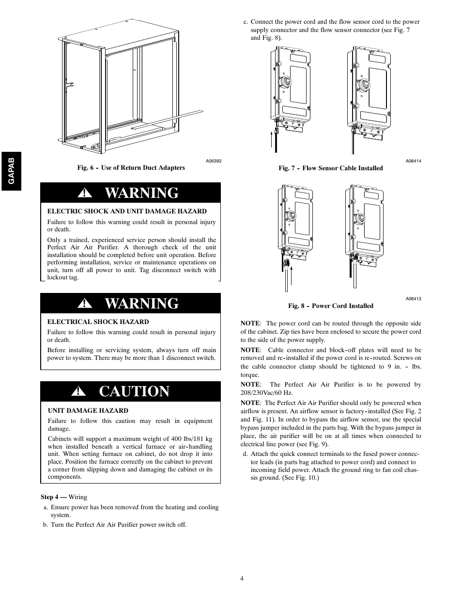 Warning, Caution | Bryant GAPAB Perfect Air Air Purifier For Fan Coils 1620 User Manual | Page 4 / 12