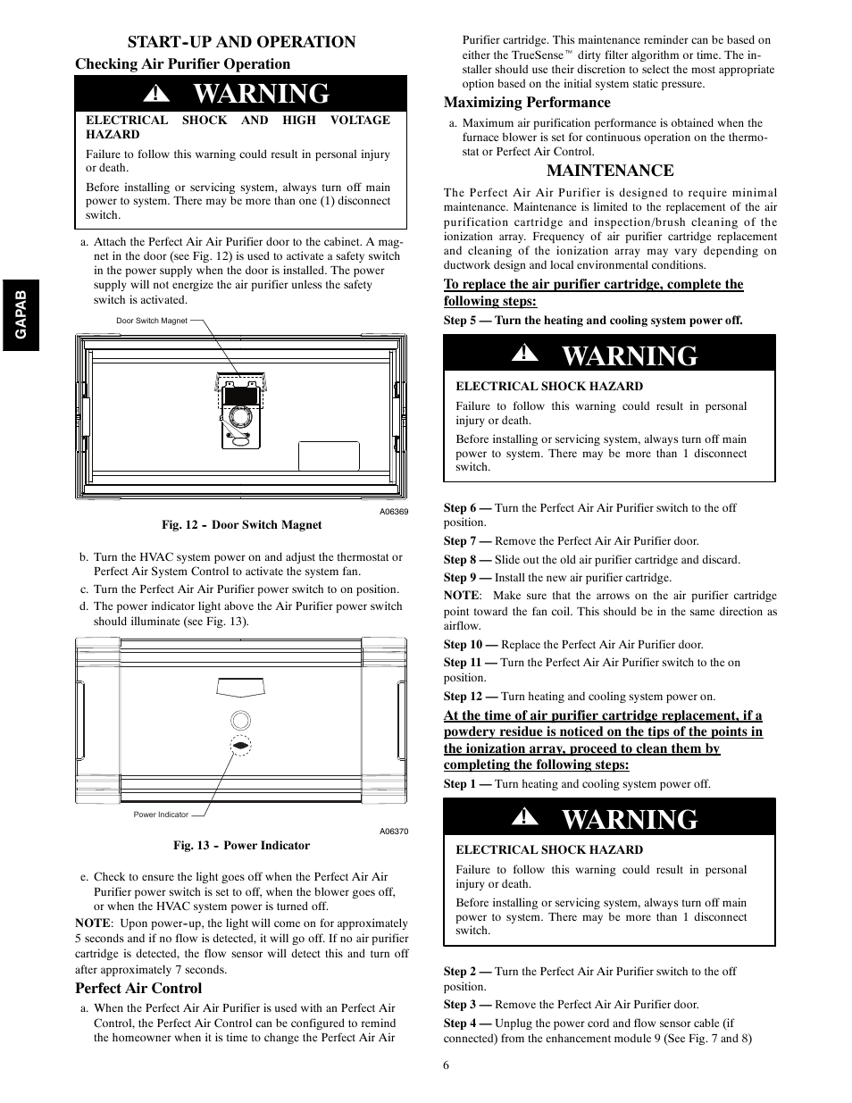 Warning, Start--up and operation, Maintenance | Bryant GAPAB Perfect Air Air Purifier For Fan Coils 1620 User Manual | Page 6 / 12