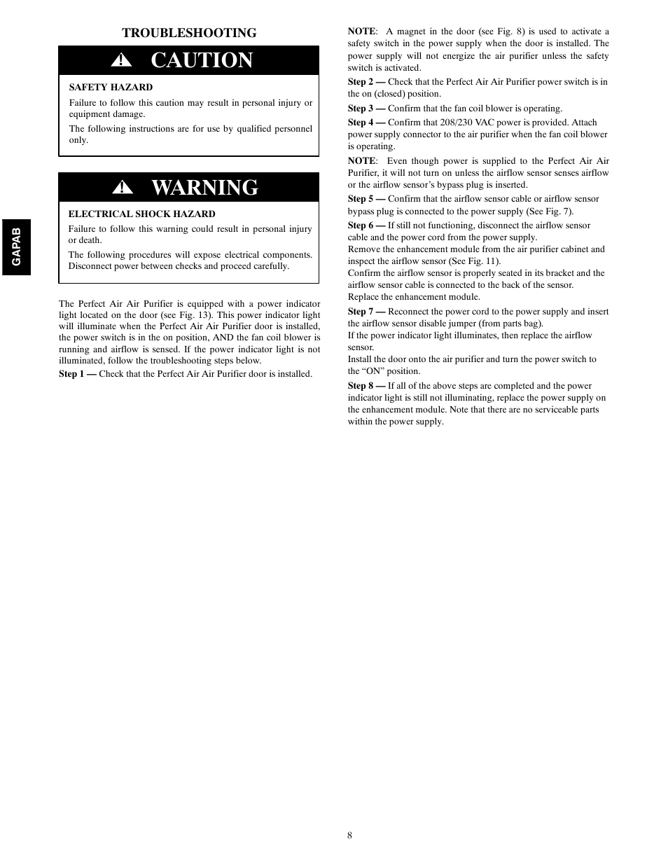 Caution, Warning | Bryant GAPAB Perfect Air Air Purifier For Fan Coils 1620 User Manual | Page 8 / 12