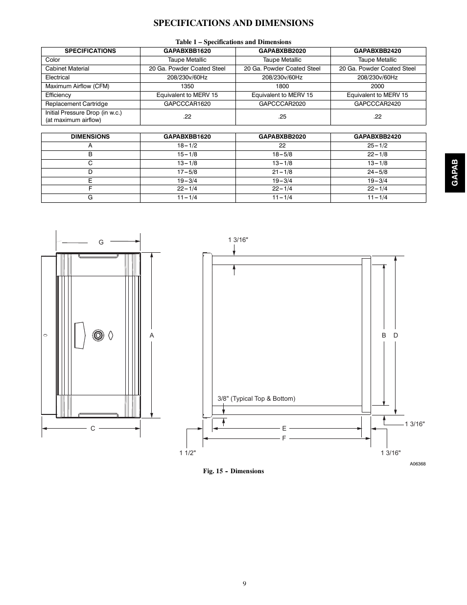 Specifications and dimensions | Bryant GAPAB Perfect Air Air Purifier For Fan Coils 1620 User Manual | Page 9 / 12