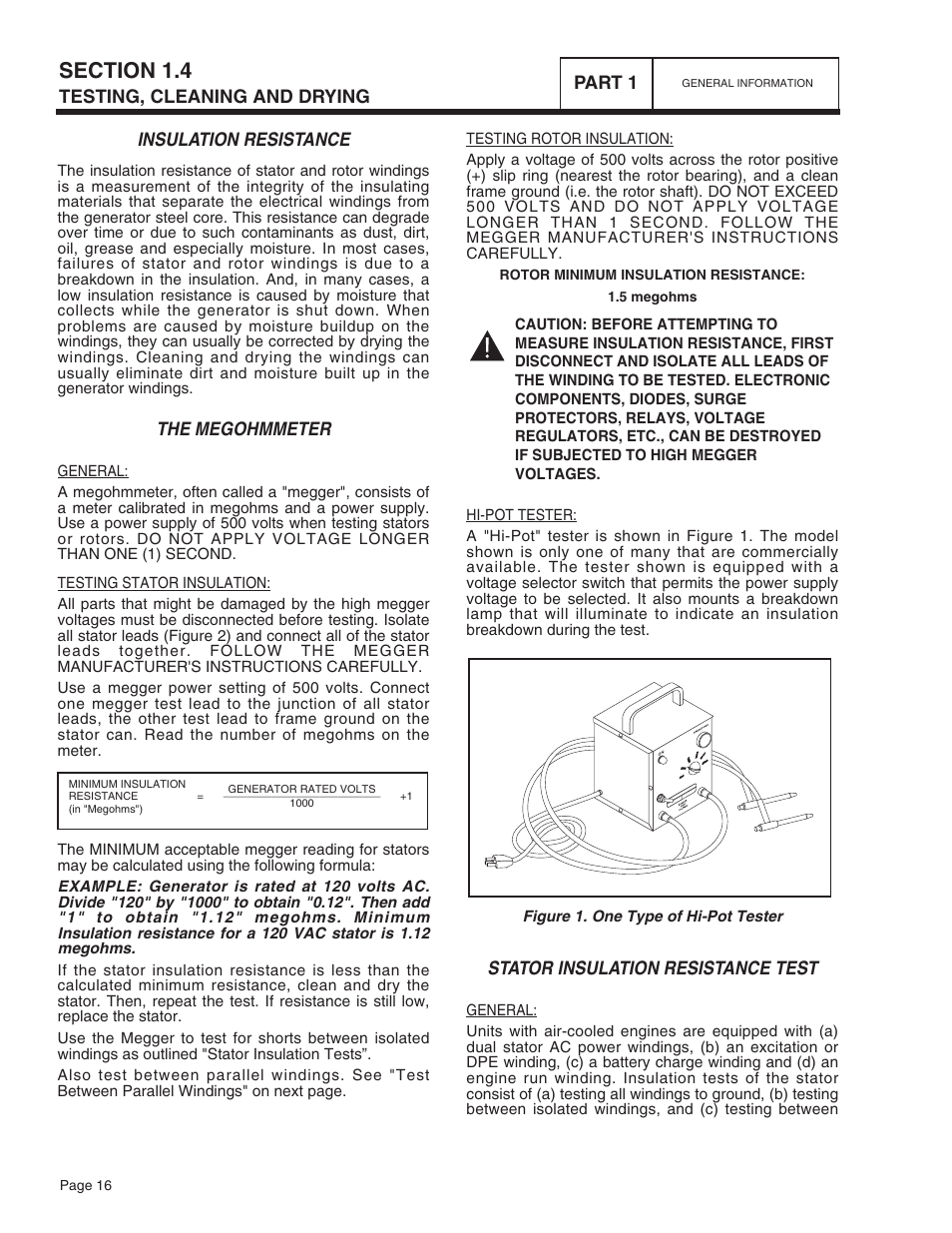 Insulation resistance, The megohmmeter, Stator insulation resistance test | Testing, cleaning and drying part 1 | Bryant ASPAS1BBA015 User Manual | Page 16 / 144