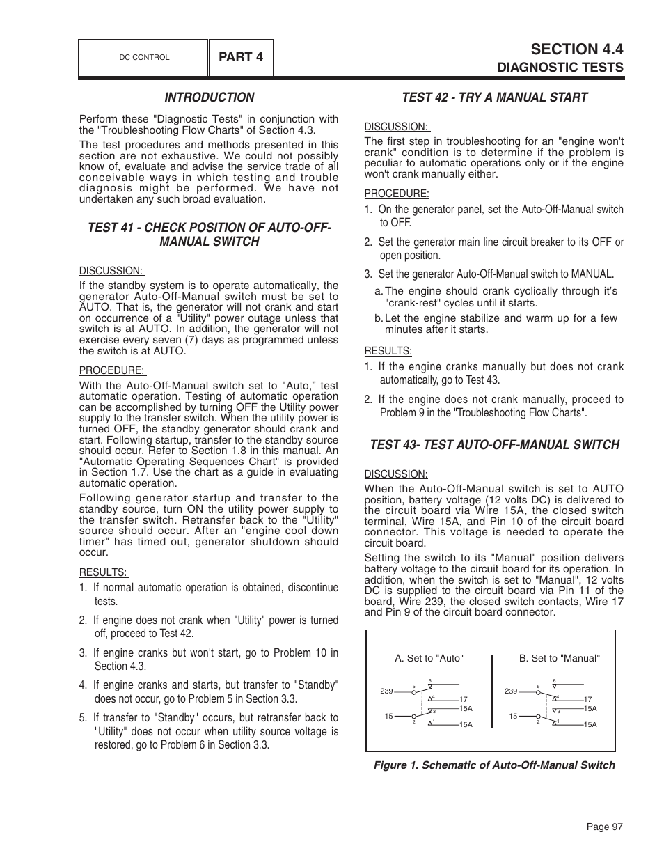 Introduction, Test 42 - try a manual start, Test 43- test auto-off-manual switch | Diagnostic tests, Part 4 | Bryant ASPAS1BBA015 User Manual | Page 97 / 144