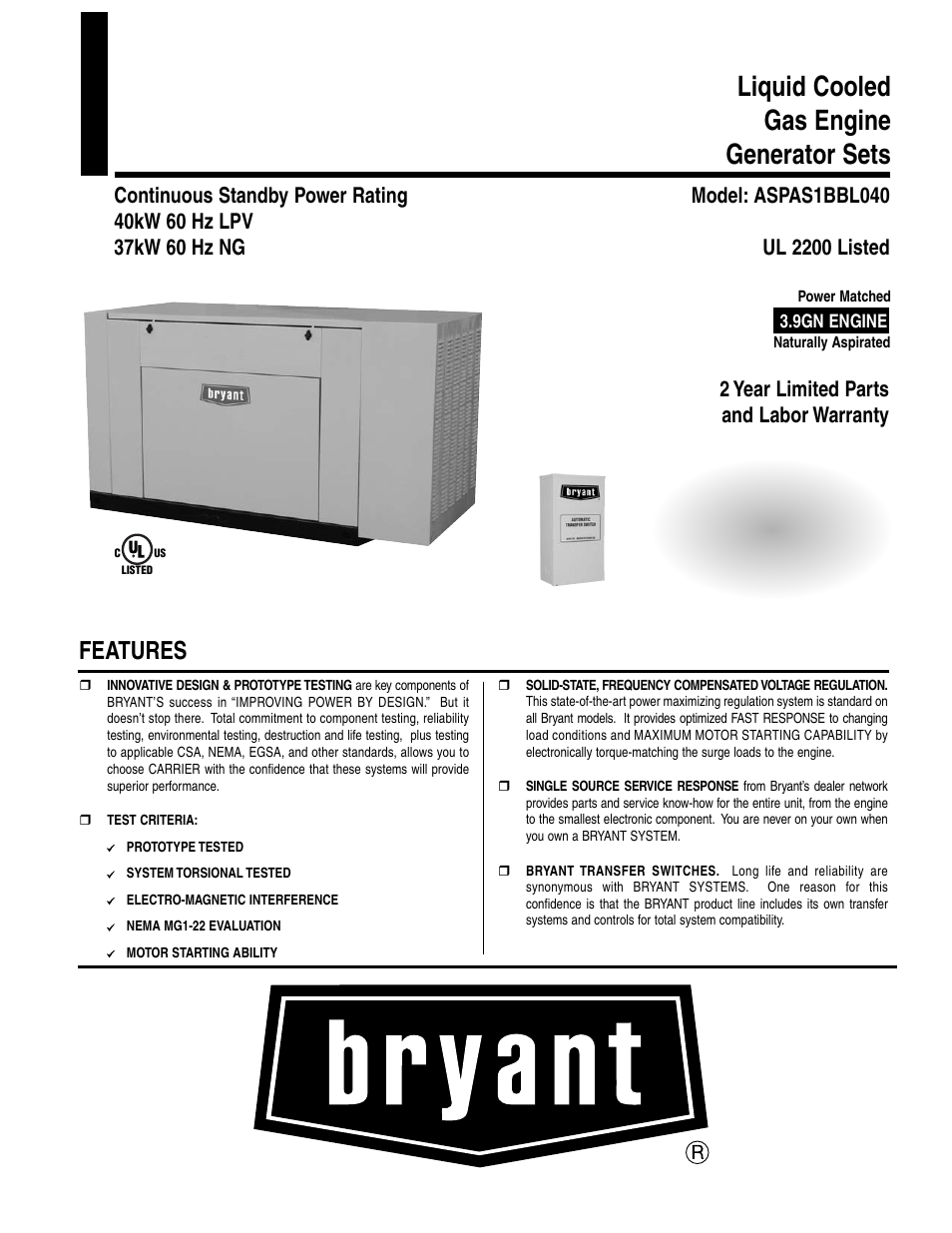 Bryant HOME STANDBY ASPAS1BBL040 User Manual | 4 pages