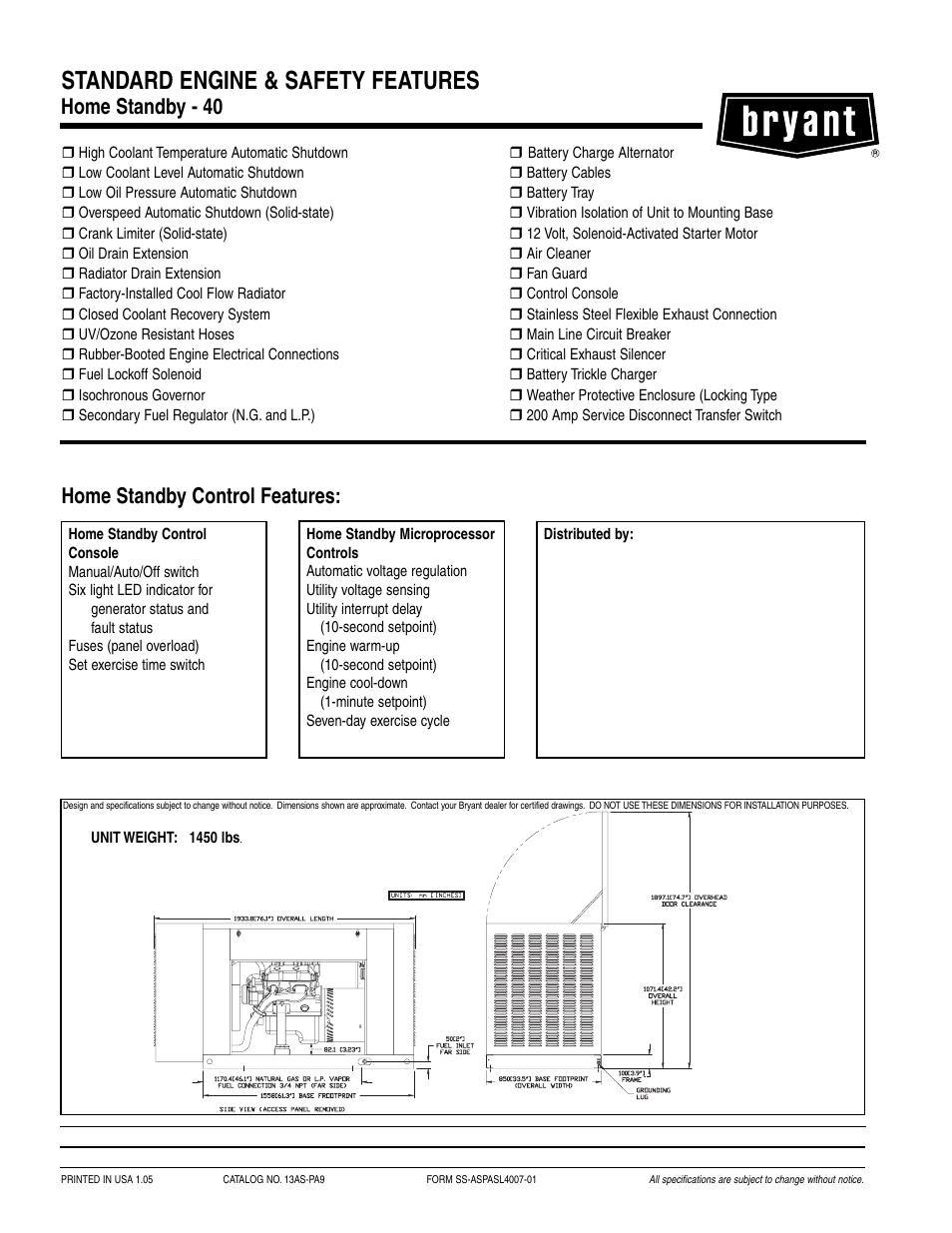 Standard engine & safety features, Home standby control features, Home standby - 40 | Unit weight: 1450 lbs | Bryant HOME STANDBY ASPAS1BBL040 User Manual | Page 4 / 4