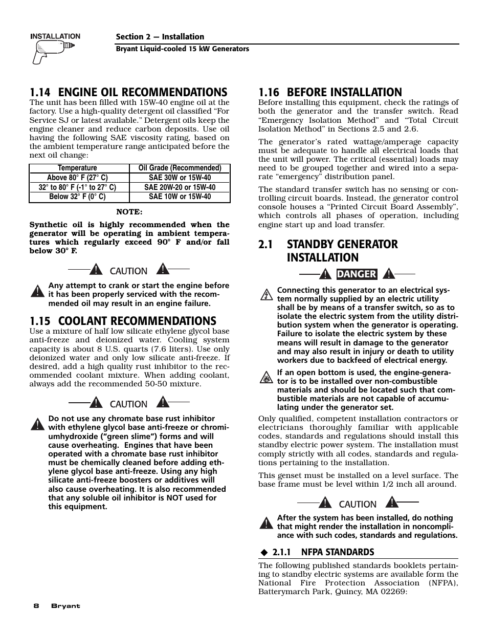 14 engine oil recommendations, 15 coolant recommendations, 16 before installation | 1 standby generator installation | Bryant ASPAS1BBL015 User Manual | Page 10 / 48