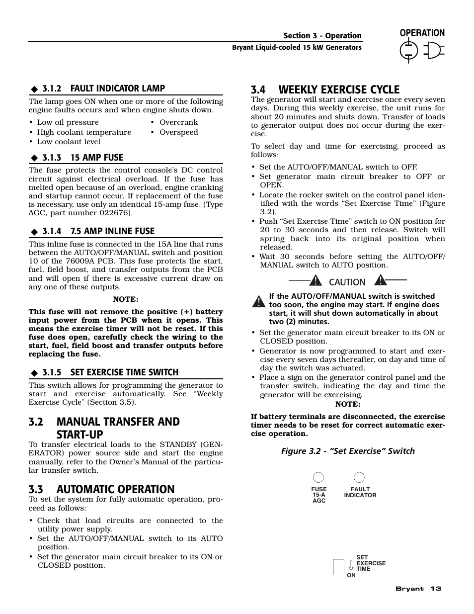 2 manual transfer and start-up, 3 automatic operation, 4 weekly exercise cycle | Bryant ASPAS1BBL015 User Manual | Page 15 / 48