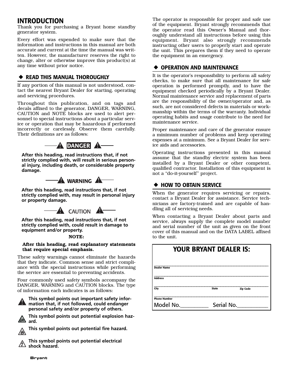 Introduction, Your bryant dealer is, Danger | Bryant ASPAS1BBL015 User Manual | Page 2 / 48