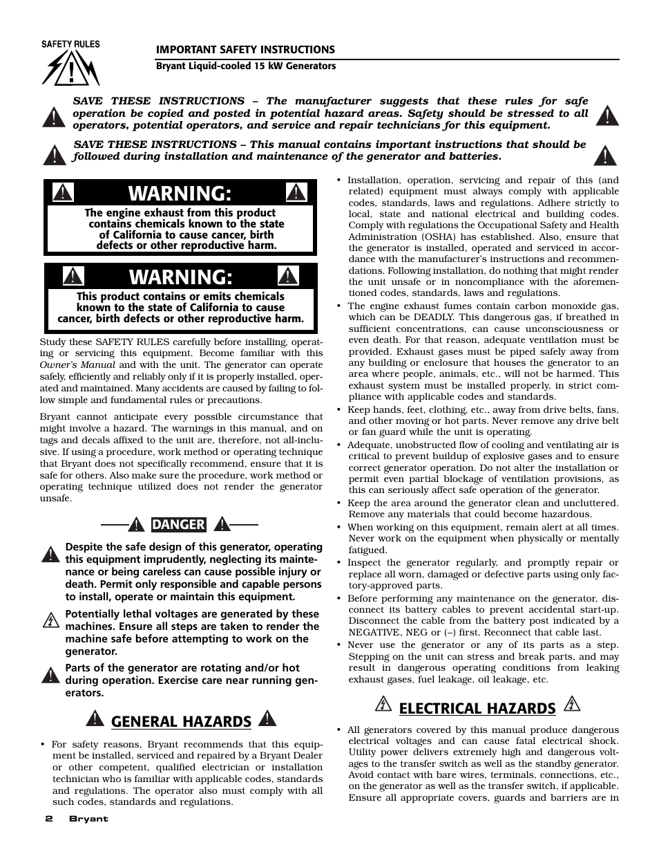 Warning, General hazards, Electrical hazards | Bryant ASPAS1BBL015 User Manual | Page 4 / 48