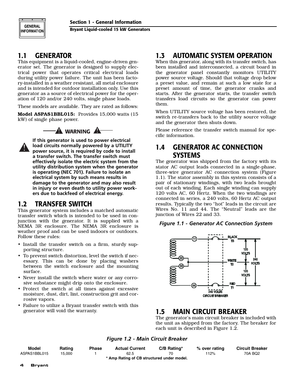 1 generator, 2 transfer switch, 3 automatic system operation | 4 generator ac connection systems, 5 main circuit breaker | Bryant ASPAS1BBL015 User Manual | Page 6 / 48