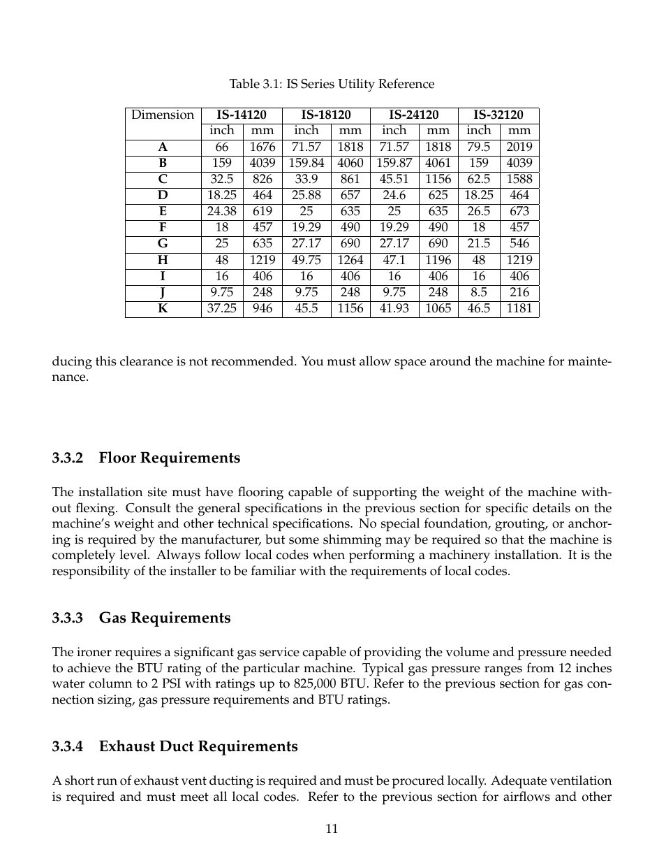 Floor requirements, Gas requirements, Exhaust duct requirements | 2 floor requirements, 3 gas requirements, 4 exhaust duct requirements | B&C Technologies IS Series Commercial Ironer User Manual | Page 14 / 39