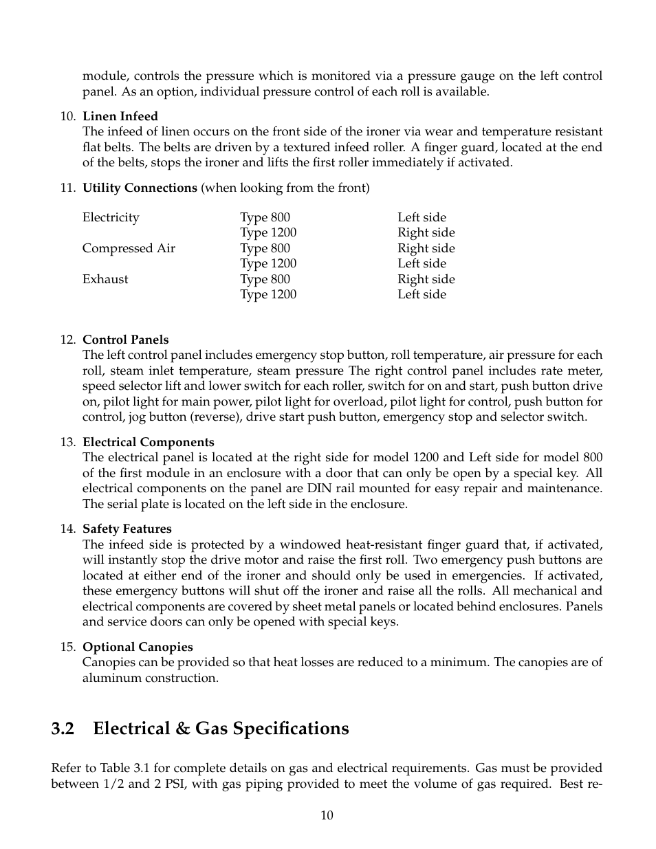 Electrical & gas specifications, 2 electrical & gas specifications | B&C Technologies IM Series Industrial Ironer User Manual | Page 20 / 157