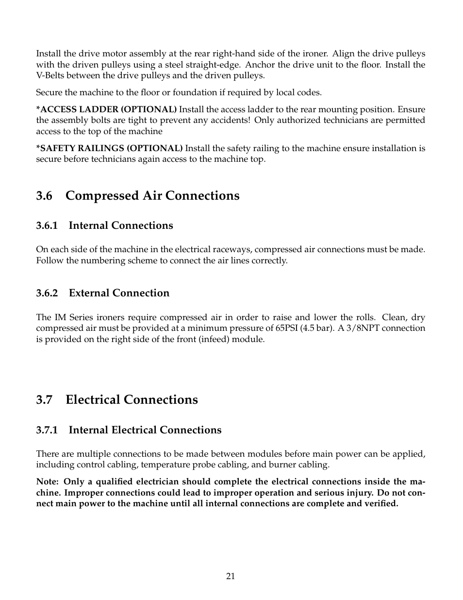 Compressed air connections, Internal connections, External connection | Electrical connections, Internal electrical connections, 6 compressed air connections, 7 electrical connections | B&C Technologies IM Series Industrial Ironer User Manual | Page 31 / 157