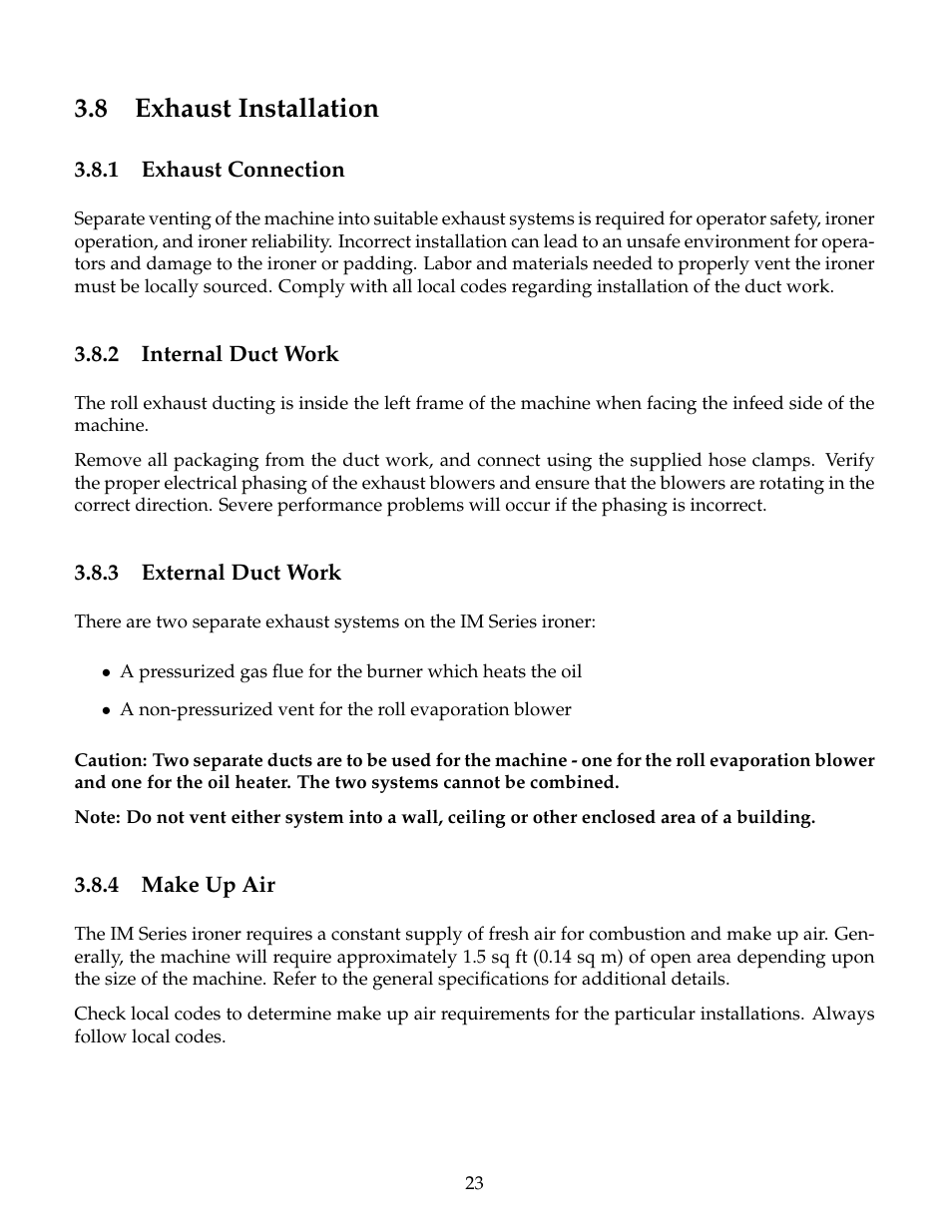 Exhaust installation, Exhaust connection, Internal duct work | External duct work, Make up air, 8 exhaust installation | B&C Technologies IM Series Industrial Ironer User Manual | Page 33 / 157
