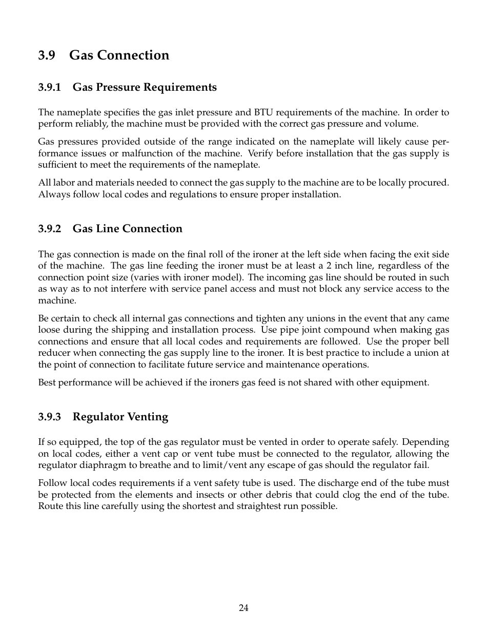 Gas connection, Gas pressure requirements, Gas line connection | Regulator venting, 9 gas connection | B&C Technologies IM Series Industrial Ironer User Manual | Page 34 / 157