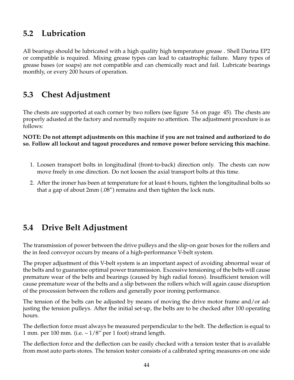 Lubrication, Chest adjustment, Drive belt adjustment | 2 lubrication, 3 chest adjustment, 4 drive belt adjustment | B&C Technologies IM Series Industrial Ironer User Manual | Page 54 / 157