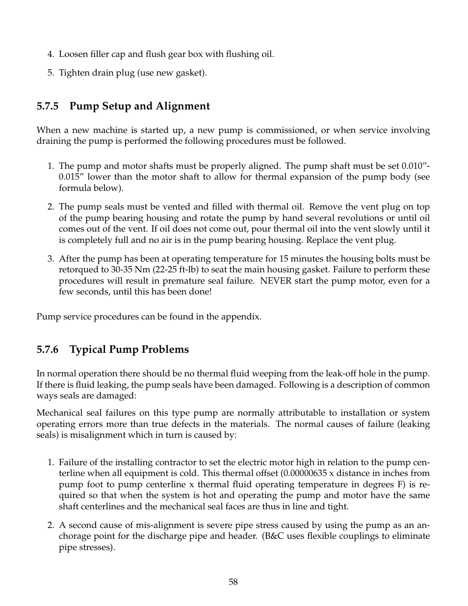 Pump setup and alignment, Typical pump problems | B&C Technologies IM Series Industrial Ironer User Manual | Page 68 / 157