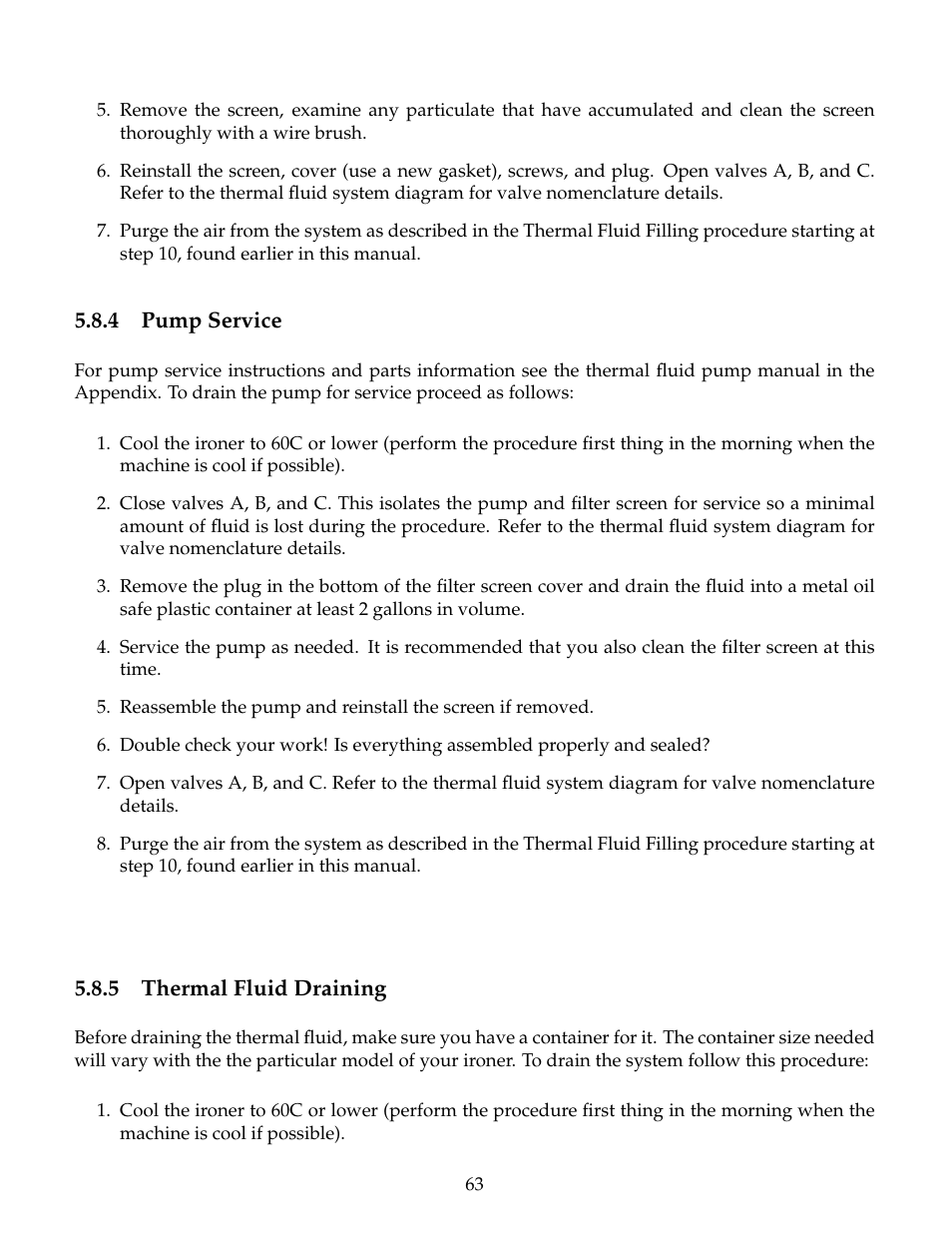 Pump service, Thermal fluid draining | B&C Technologies IM Series Industrial Ironer User Manual | Page 73 / 157
