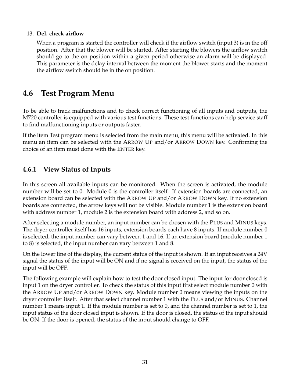 Test program menu, View status of inputs, 6 test program menu | 1 view status of inputs | B&C Technologies M720 Dryer Control (DE, DP, DI Series) User Manual | Page 34 / 50