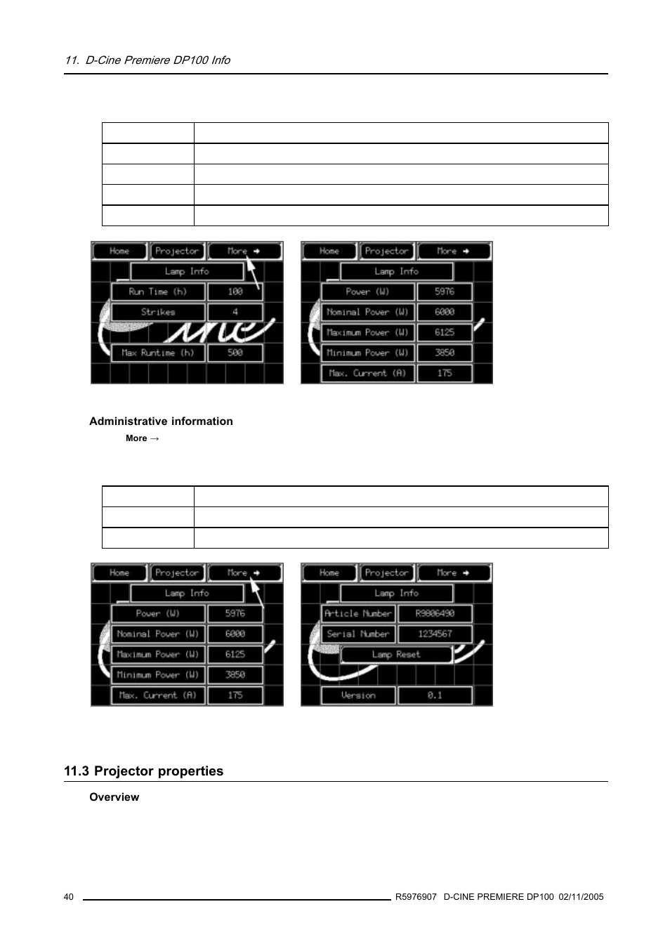 3 projector properties, Image 11-4), D-cine premiere dp100 info | Barco R9010111 User Manual | Page 44 / 51