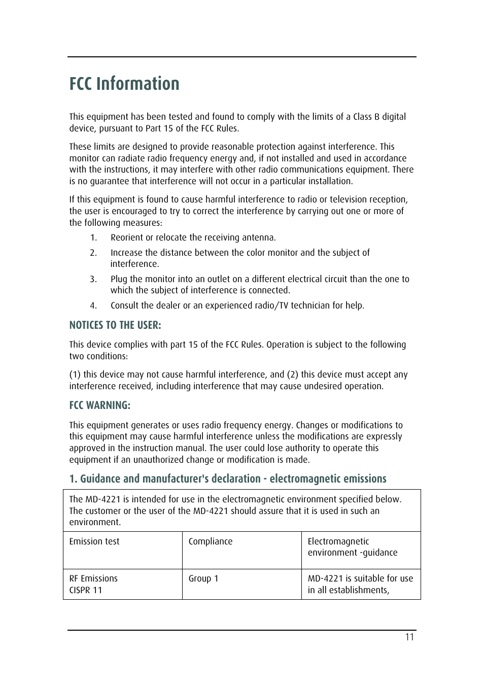 Fcc information | Barco MD-4221 User Manual | Page 11 / 48