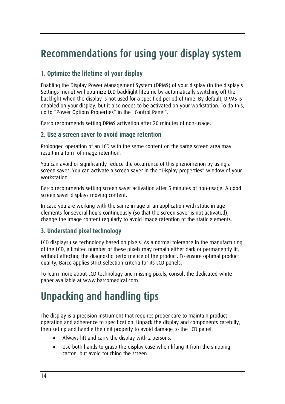 Recommendations for using your display system, Unpacking and handling tips | Barco MD-4221 User Manual | Page 14 / 48