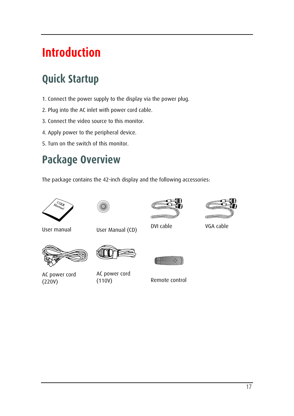 Introduction, Quick startup, Package overview | Barco MD-4221 User Manual | Page 17 / 48