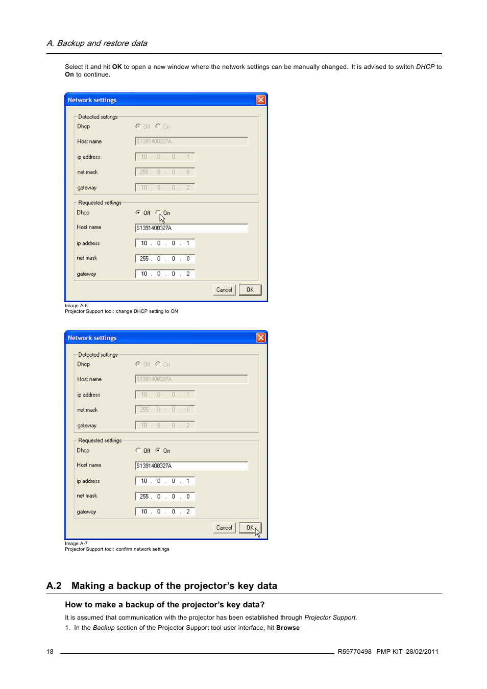 A.2 making a backup of the projector's key data, Making a backup of the projector’s key data, A.2 making a backup of the projector’s key data | Barco GALAXY NW-12 User Manual | Page 22 / 35