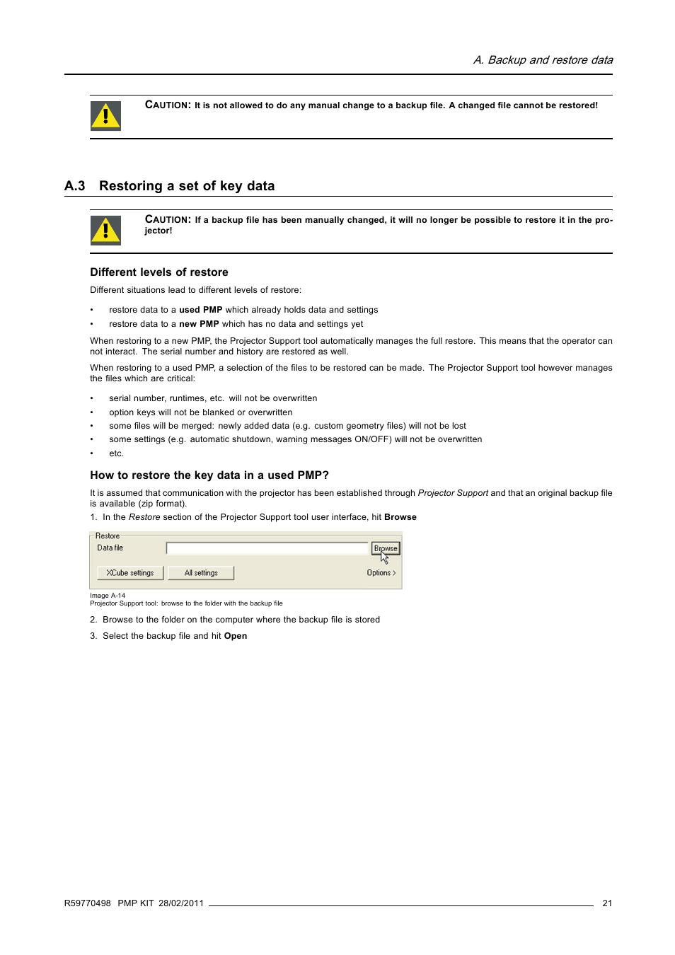 A.3 restoring a set of key data, Restoring a set of key data | Barco GALAXY NW-12 User Manual | Page 25 / 35