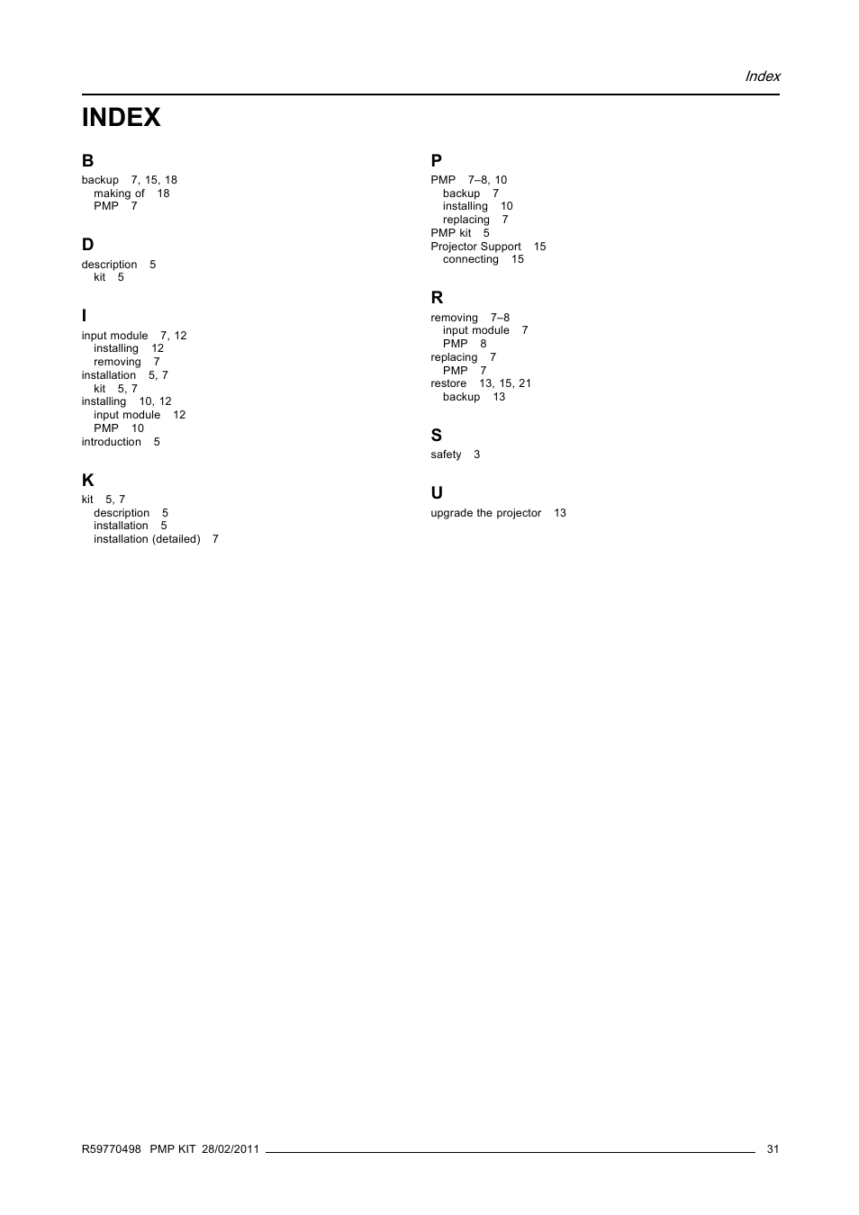 Index | Barco GALAXY NW-12 User Manual | Page 35 / 35
