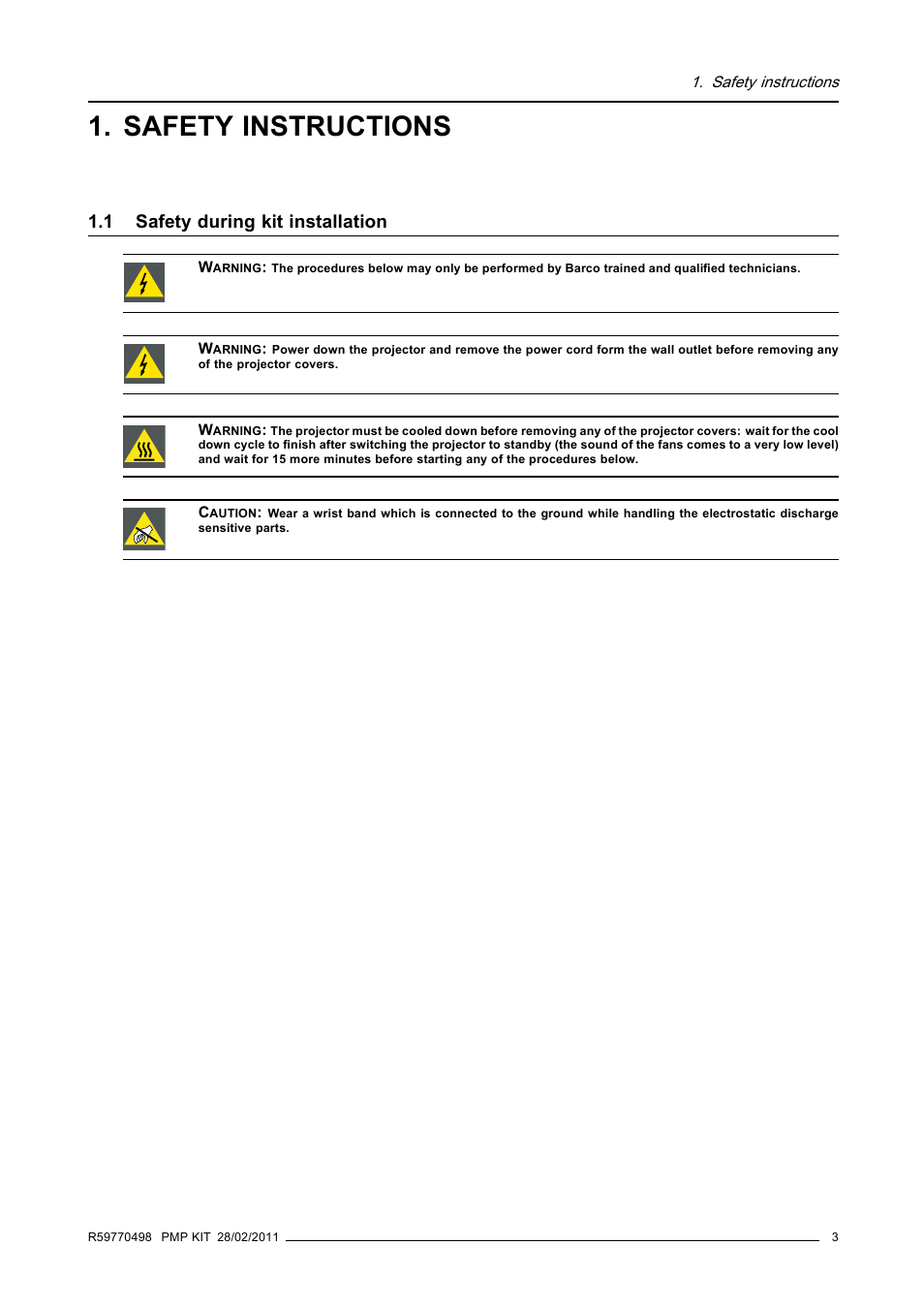 Safety instructions, 1 safety during kit installation, Safety during kit installation | Barco GALAXY NW-12 User Manual | Page 7 / 35