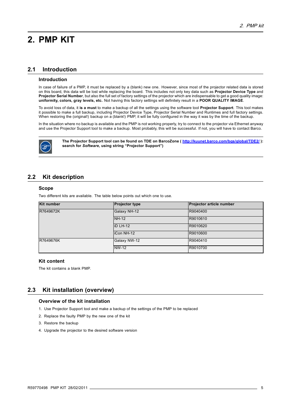 Pmp kit, 1 introduction, 2 kit description | 3 kit installation (overview), Introduction, Kit description, Kit installation (overview) | Barco GALAXY NW-12 User Manual | Page 9 / 35