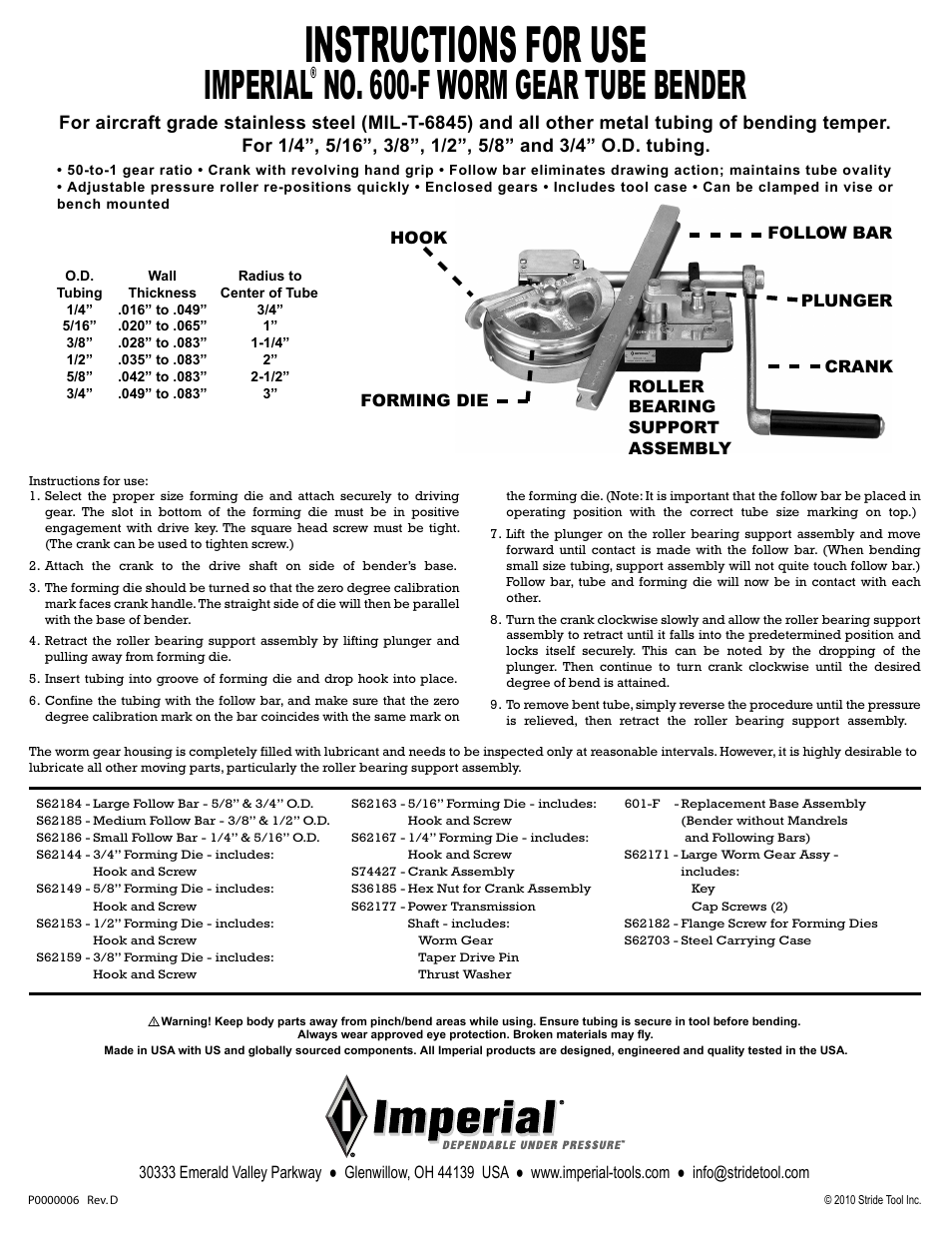 Imperial Tools 600-F User Manual | 1 page