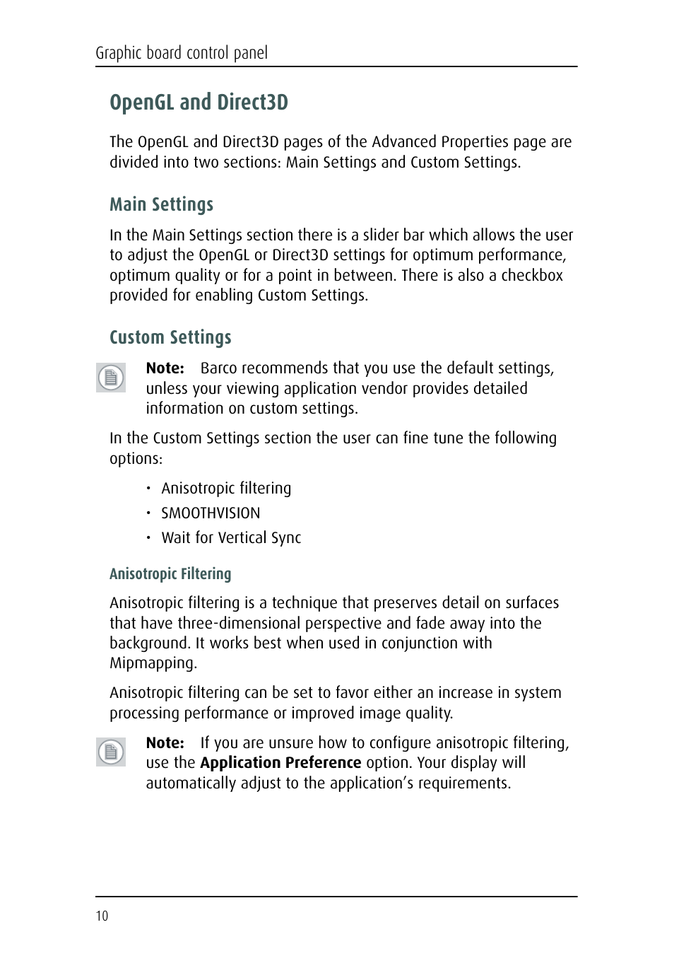 Opengl and direct3d, Main settings, Custom settings | Barco Nio Fusion 4MP User Manual | Page 10 / 35