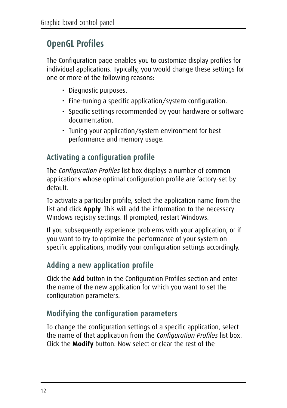 Opengl profiles, Activating a configuration profile, Adding a new application profile | Modifying the configuration parameters | Barco Nio Fusion 4MP User Manual | Page 12 / 35