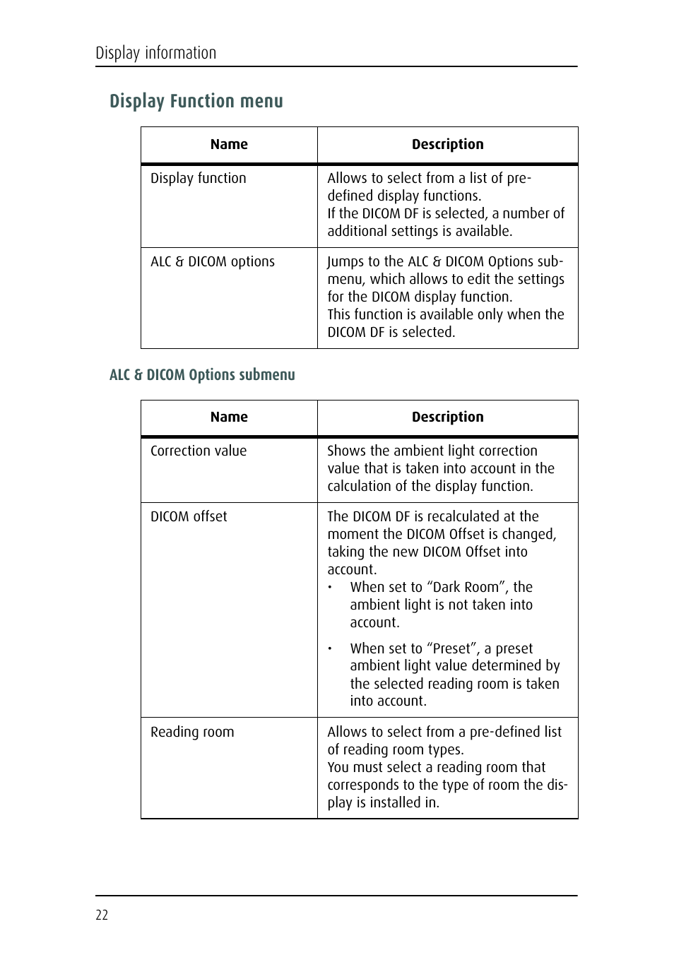 Display function menu | Barco Nio Fusion 4MP User Manual | Page 22 / 35
