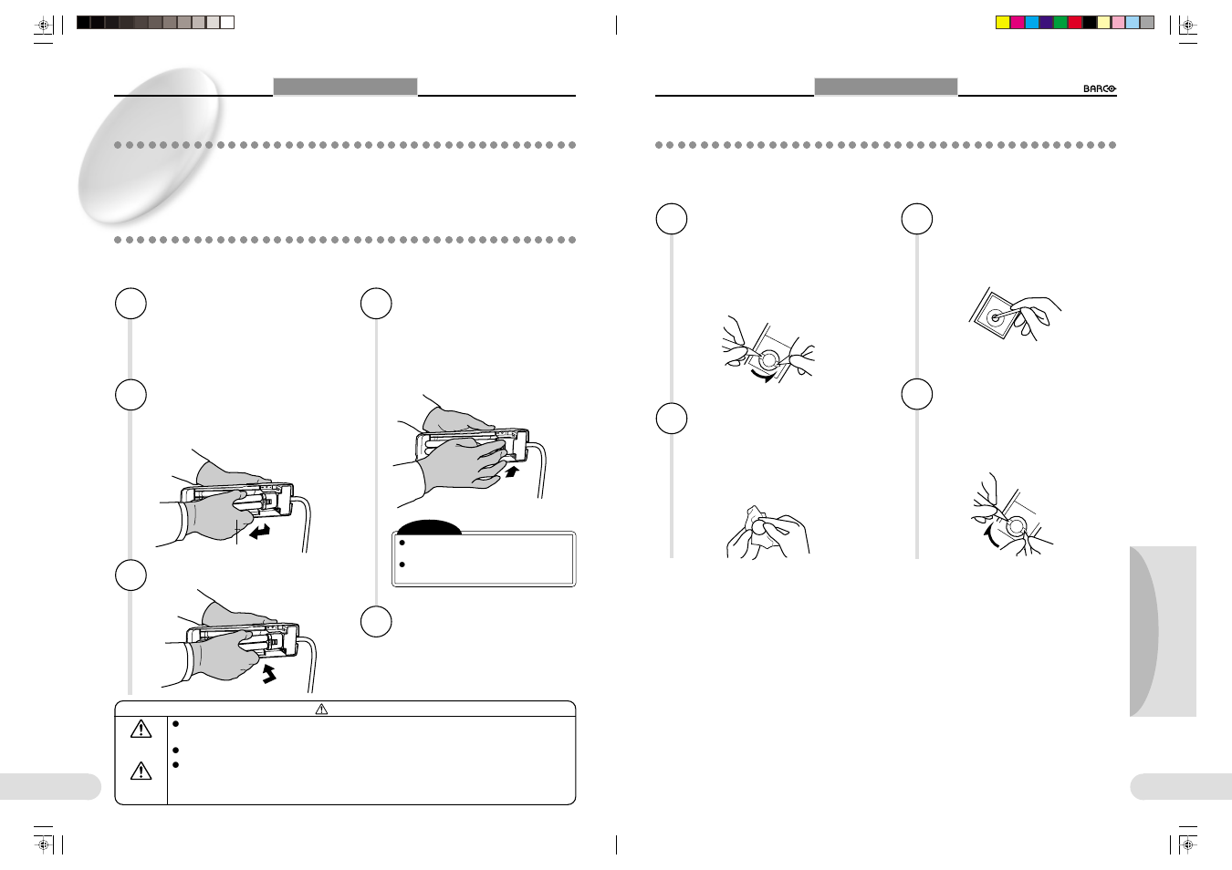 Cleaning the mouse ball, Replacing the fluorescent lamps, Cleaning the main unit | Barco 1280 User Manual | Page 24 / 26