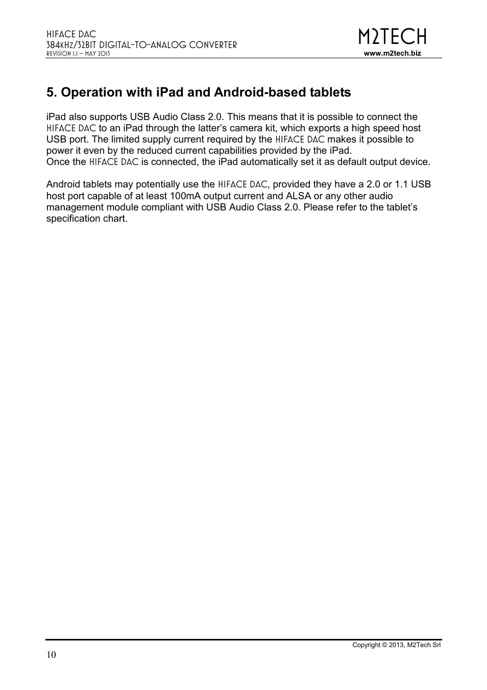 M2tech, Operation with ipad and android-based tablets | M2TECH hiFace Dac User Manual | Page 10 / 32