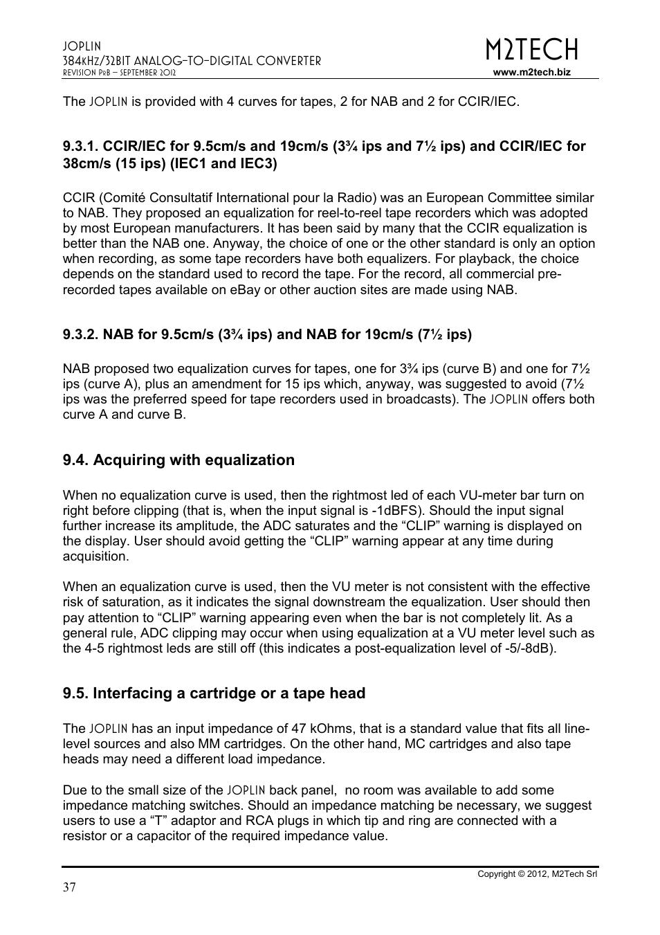 M2tech, Acquiring with equalization, Interfacing a cartridge or a tape head | M2TECH Joplin User Manual | Page 37 / 40