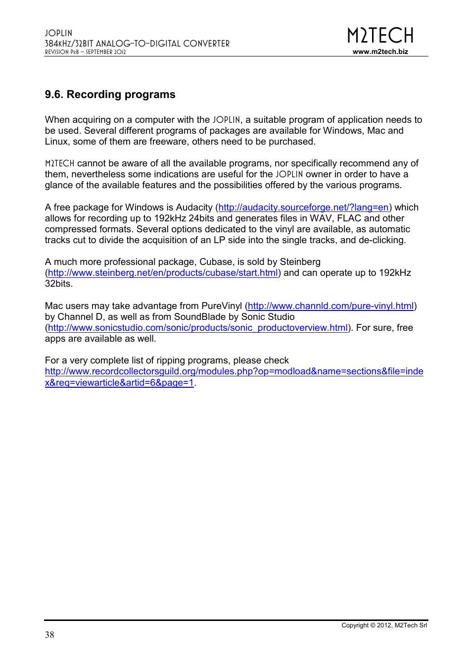 M2tech, Recording programs | M2TECH Joplin User Manual | Page 38 / 40