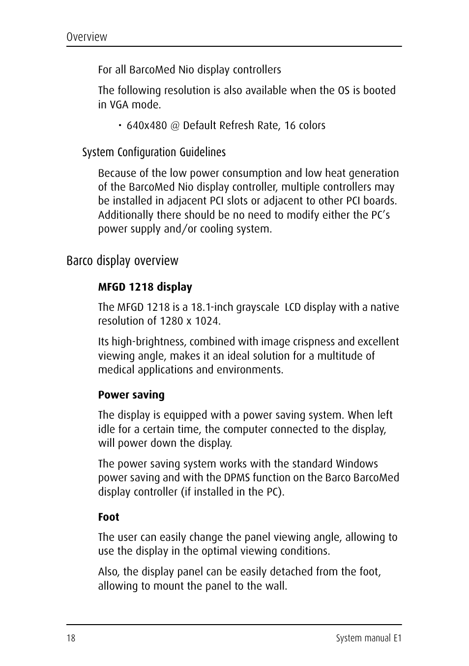 System configuration guidelines, Barco display overview, Mfgd 1218 display | Power saving, Foot | Barco E1 User Manual | Page 17 / 124