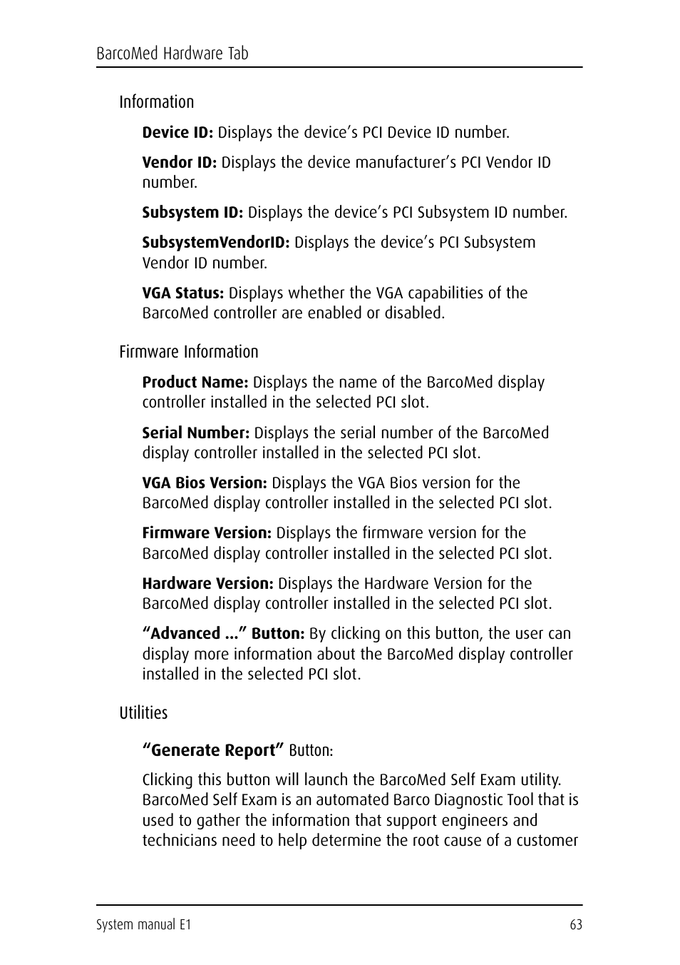 Information, Firmware information, Utilities | Generate report” button | Barco E1 User Manual | Page 62 / 124