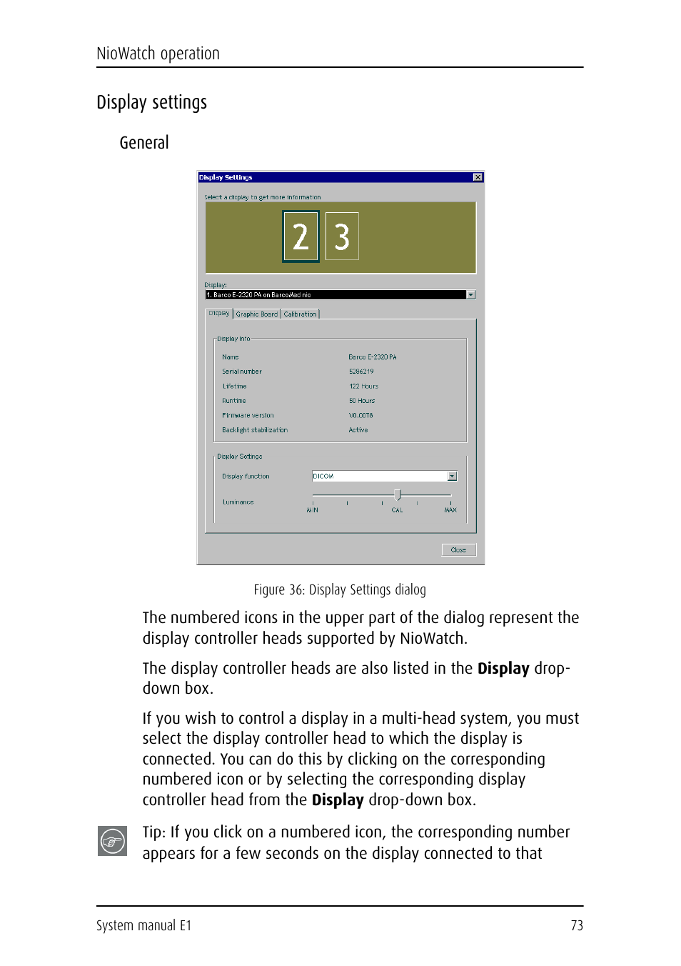 Display settings, General | Barco E1 User Manual | Page 72 / 124