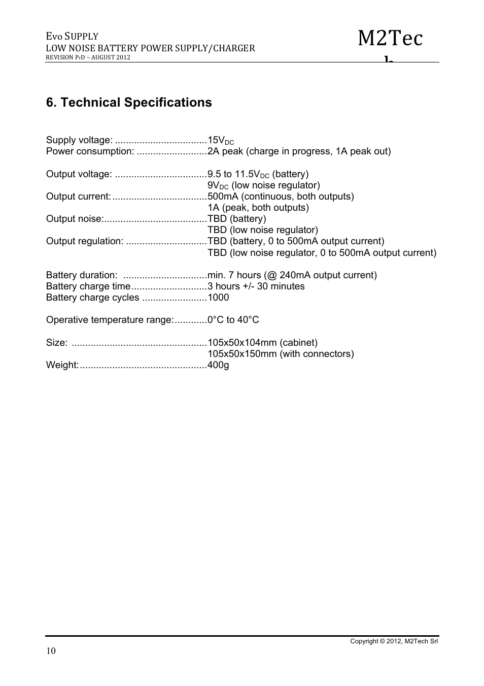 M2tec h, Technical specifications | M2TECH Evo Supply User Manual | Page 10 / 10