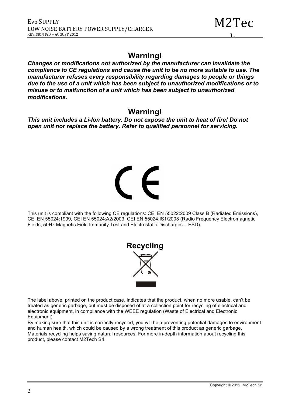 M2tec h, Warning, Recycling | M2TECH Evo Supply User Manual | Page 2 / 10